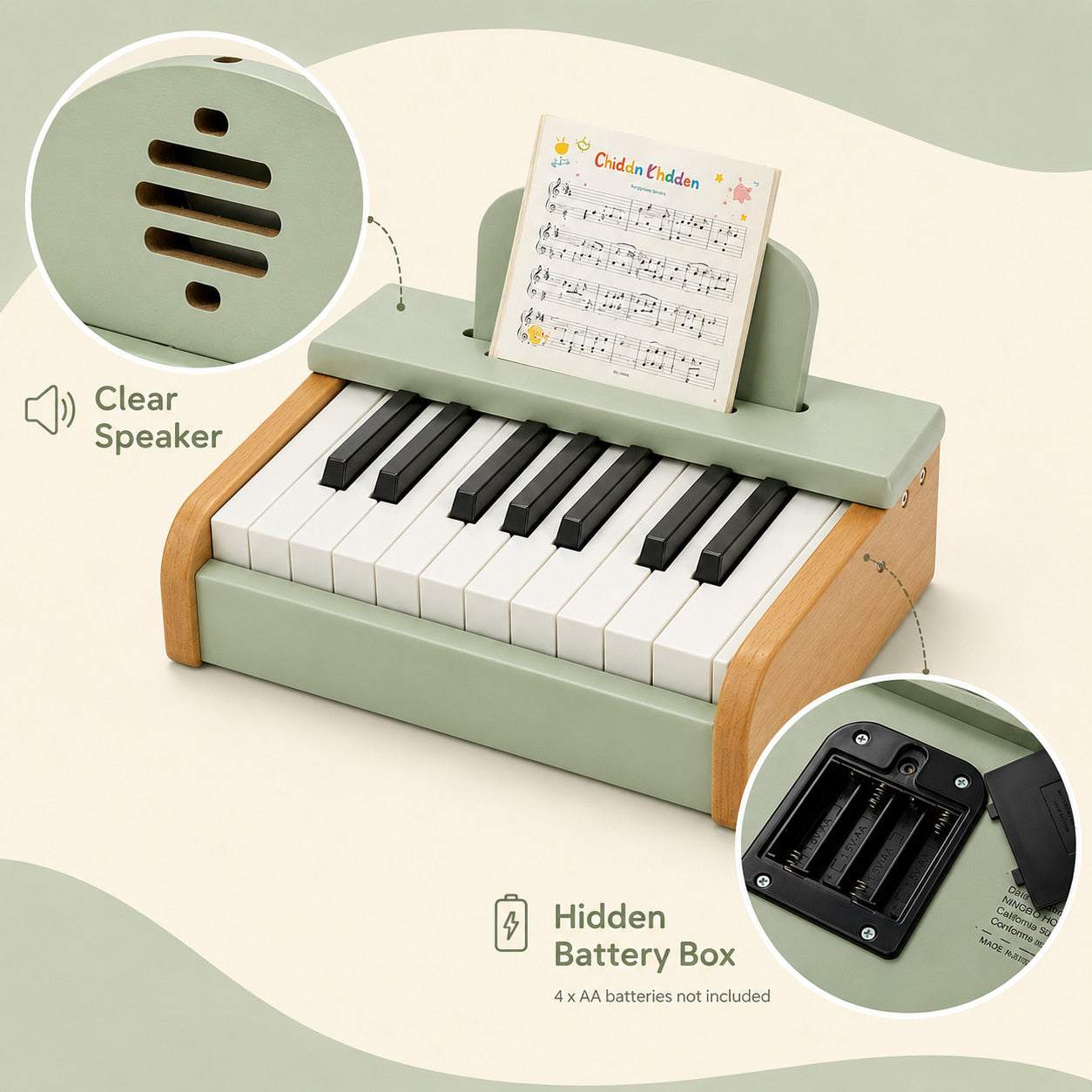 FamToy 18-Key Wooden Toy Piano with Music Stand