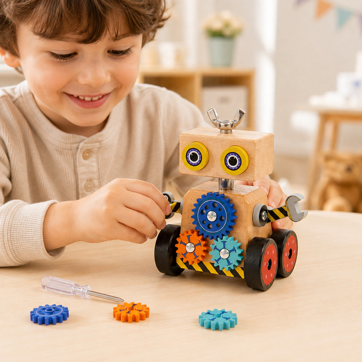 Wooden Robot Building Toy with Gears