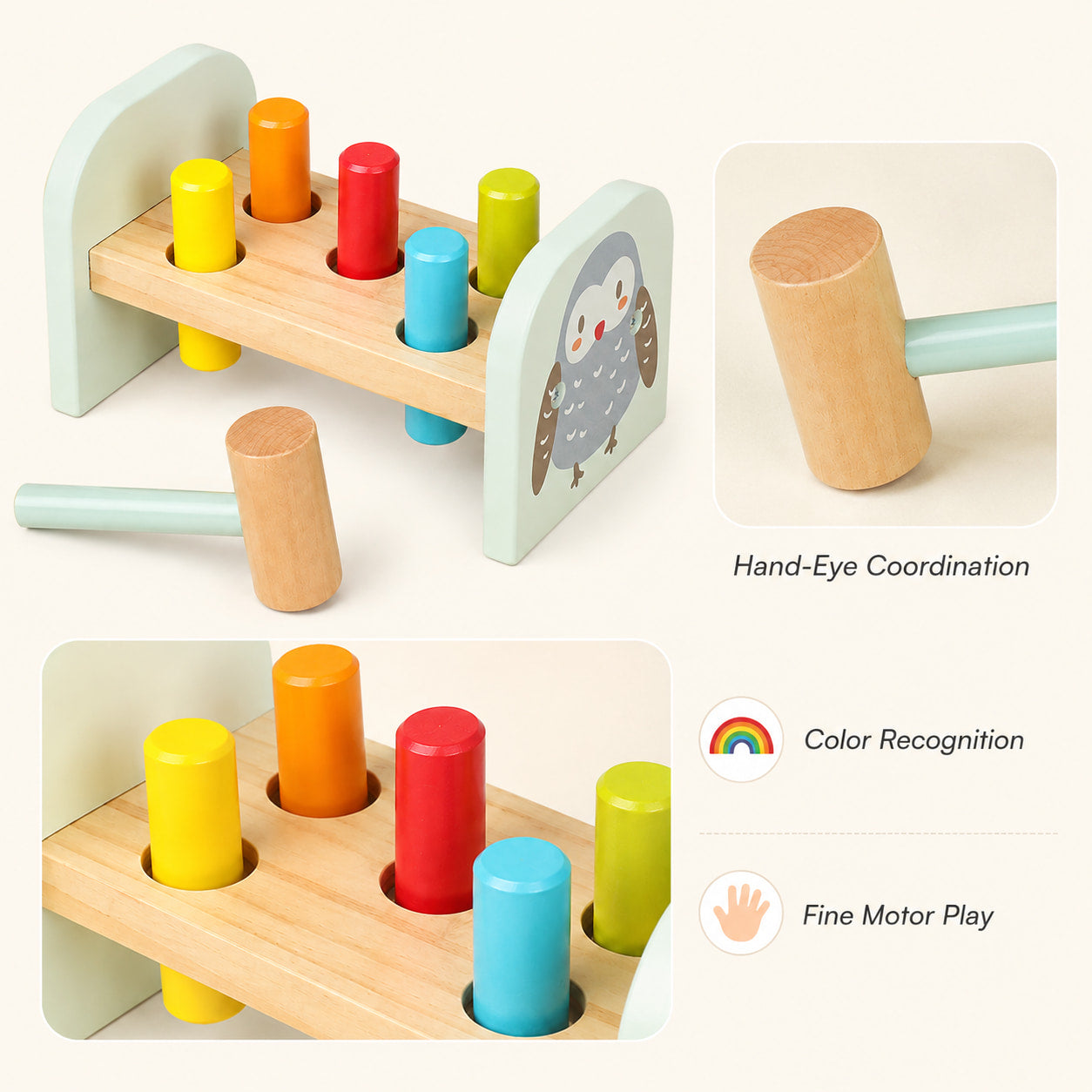 Wooden Owl Pounding Bench with Mallet