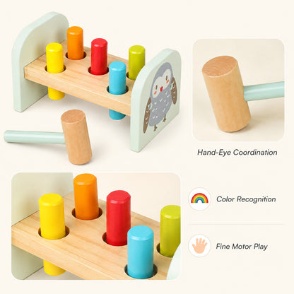 Wooden Owl Pounding Bench with Mallet