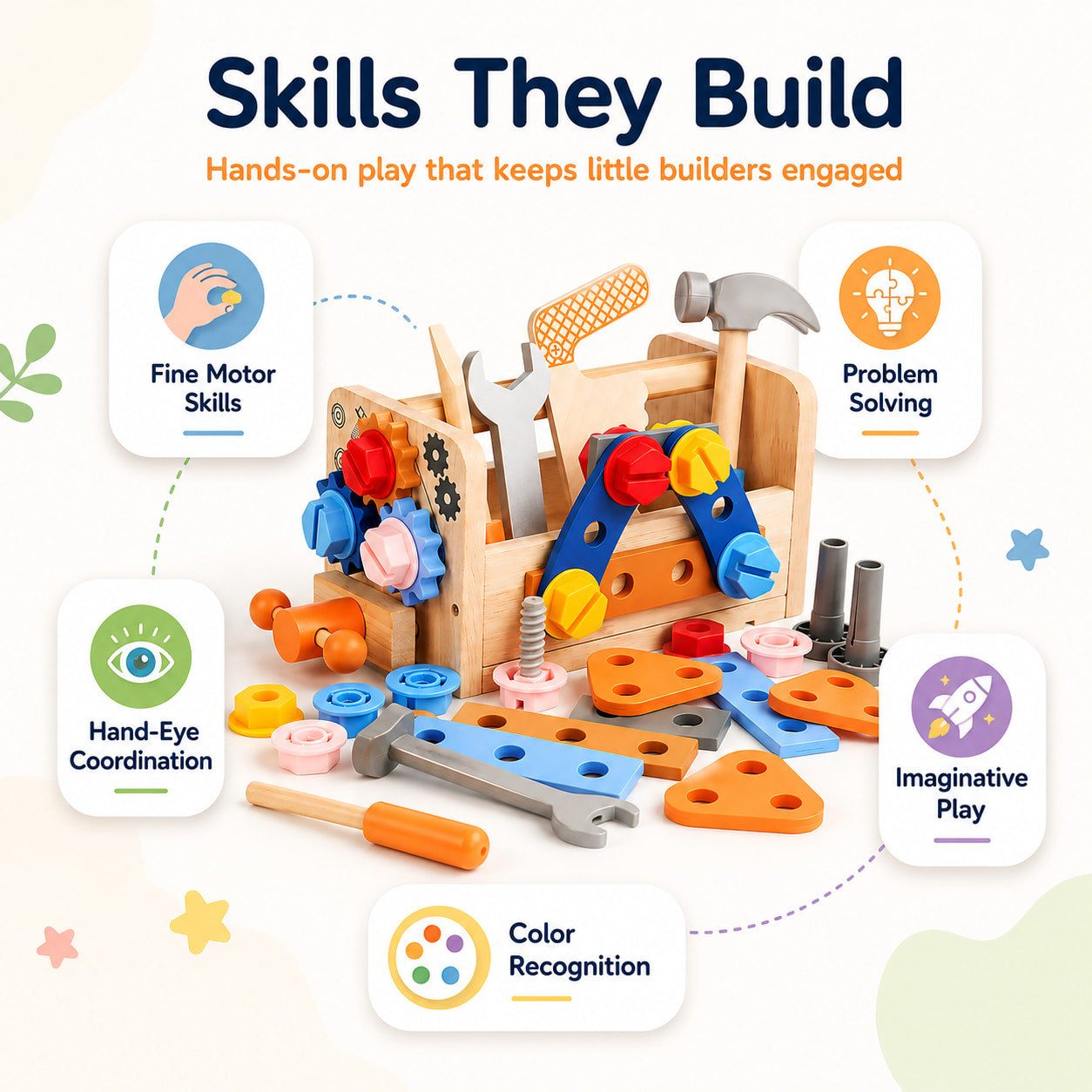 Wooden Tool Box Set for Kids Ages 3+
