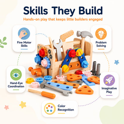 Wooden Tool Box Set for Kids Ages 3+
