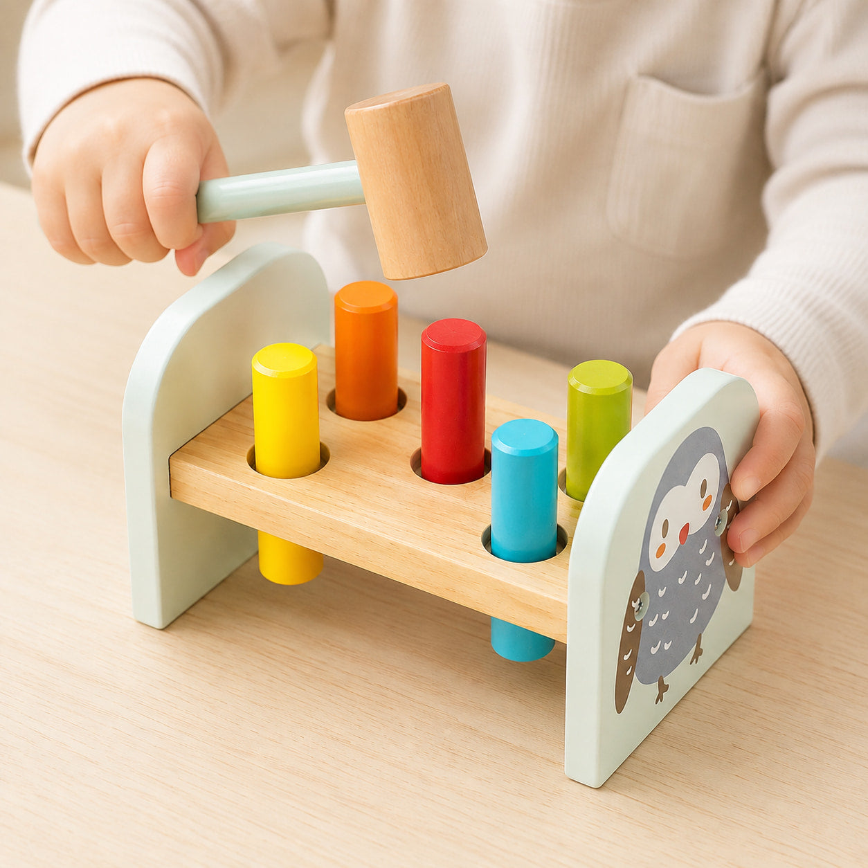 Wooden Owl Pounding Bench with Mallet