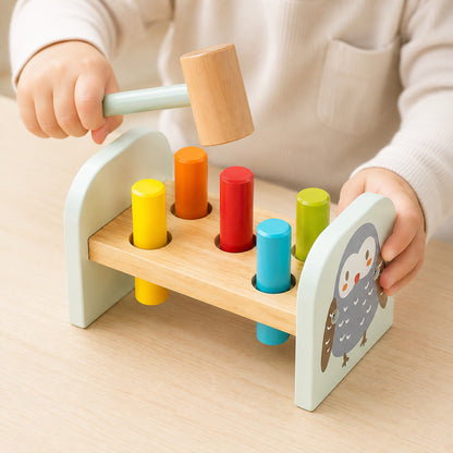 Wooden Owl Pounding Bench with Mallet
