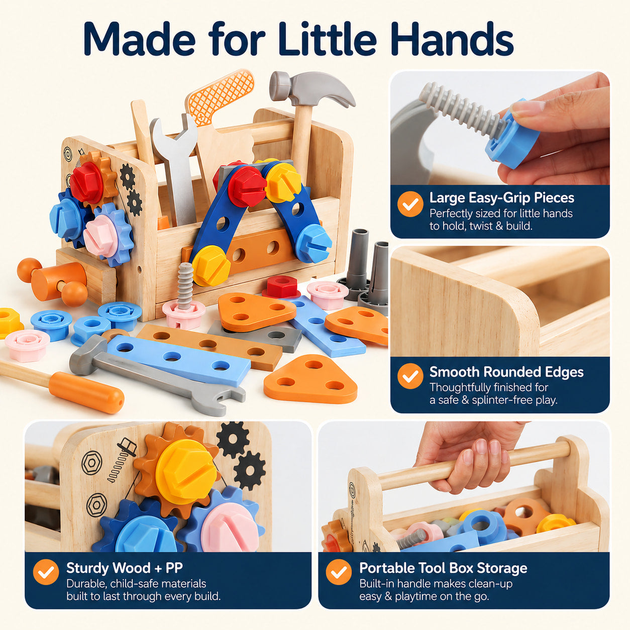 Wooden Tool Box Set for Kids Ages 3+