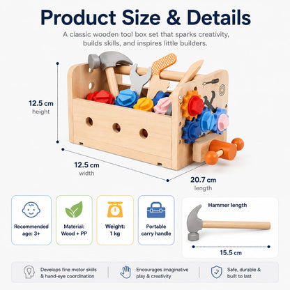 Wooden Tool Box Set for Kids Ages 3+