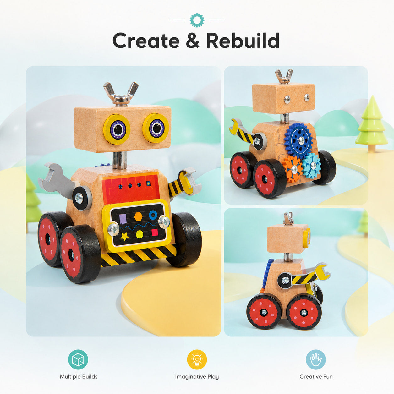 Wooden Robot Building Toy with Gears