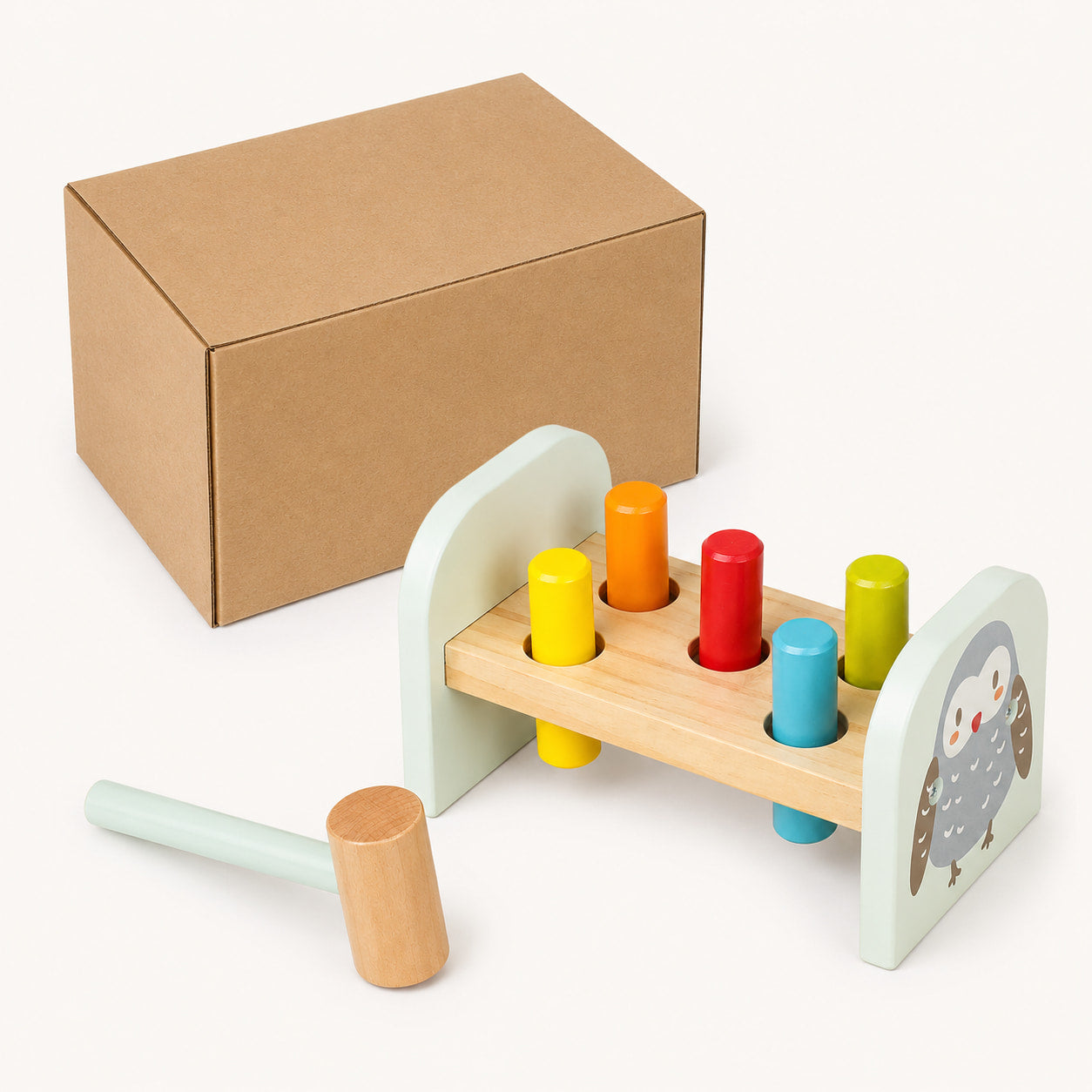 Wooden Owl Pounding Bench with Mallet