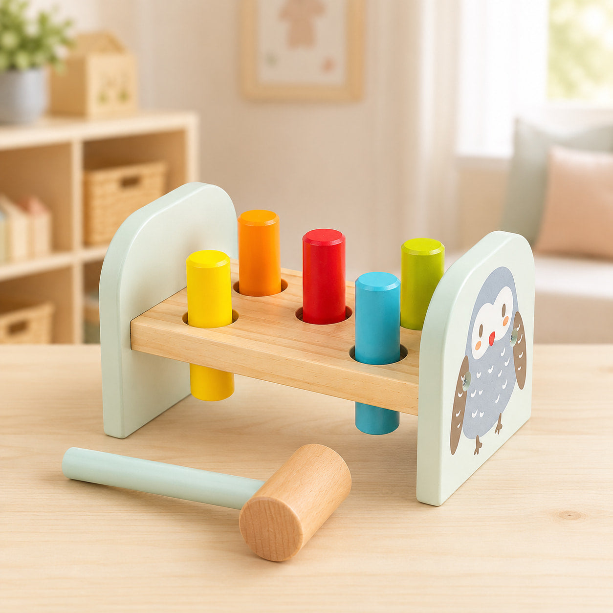 Wooden Owl Pounding Bench with Mallet