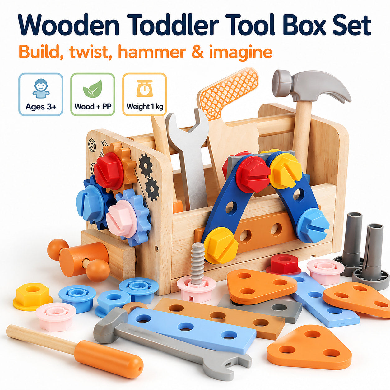 Wooden Tool Box Set for Kids Ages 3+