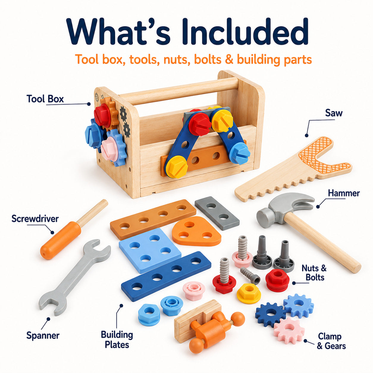Wooden Tool Box Set for Kids Ages 3+