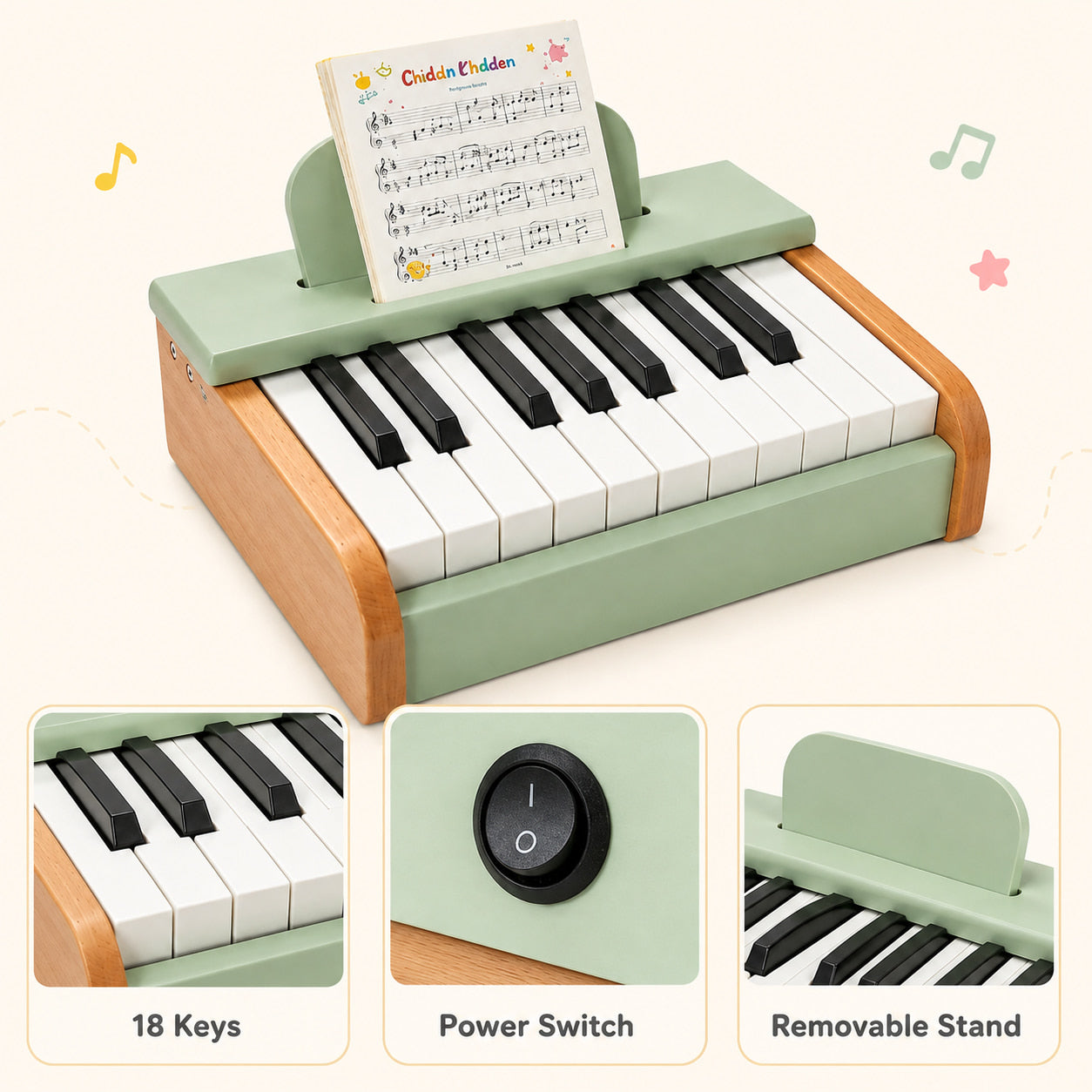 FamToy 18-Key Wooden Toy Piano with Music Stand